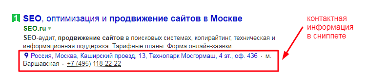 контактная информация в сниппете Яндекса