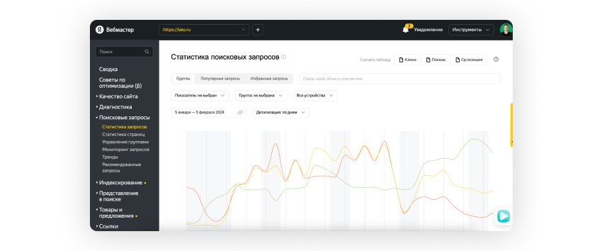 Проверка позиций сайта Яндекс.Вебмастер