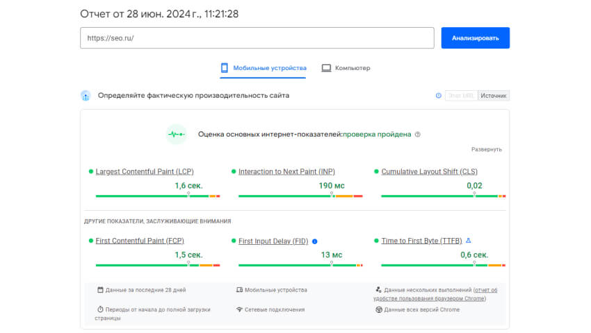 Отчет PageSpeed Insights