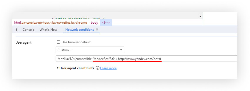 настройка YandexBot в Chrome DevTools