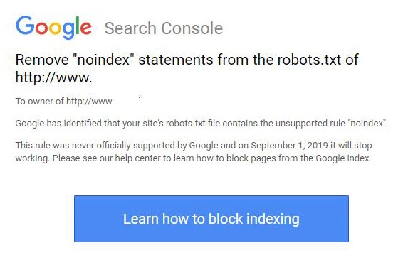 Письма от google с напоминанеим удалить тег noindex и файла robots.txt