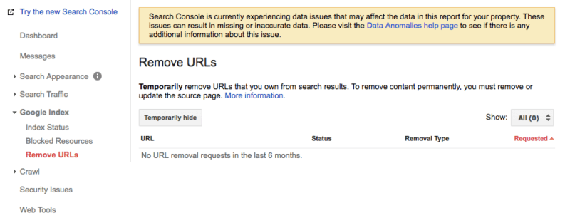 Доступ к инструменту удаления URL в Google Search Console восстановлен